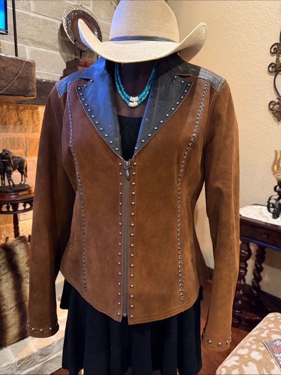 Cripple Creek Jackets & Blazers - Cripple Creek Suede Western-Style Brown Jacket w/Leather Studded Trim/Concho Bck